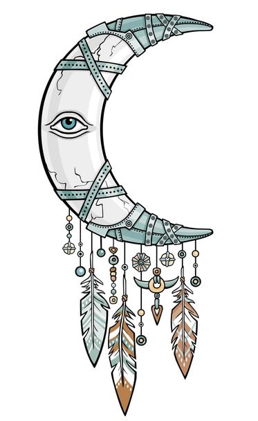 Native American Indian talisman dreamcatcher with feathers. Magic horn a crescent, moon in metal armor. Ethnic design, boho chic, tribal symbol. Vector illustration isolated on a white background. - Vetor, Imagem