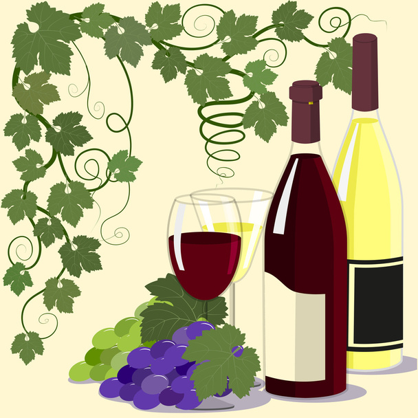 Glasses, bottles of wine and grapes - Vector, afbeelding