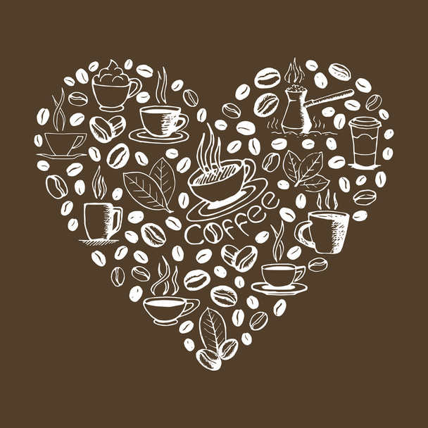 Heart Shape Filled by Coffee Doodles - Vector, Image