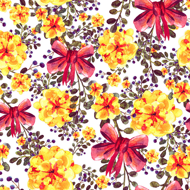Seamless pattern with bouquets of summer flowers. Watercolor illustration. And red bow - Fotoğraf, Görsel