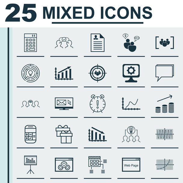Set di 25 icone universali su innovazione, cooperazione, investimenti e altri argomenti. Set di icone vettoriali tra cui SEO Brainstorm, Grafico di raggiungimento, Icone di crescita delle monete
. - Vettoriali, immagini