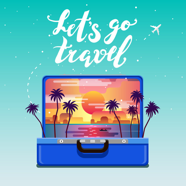 suitcase with sunset and palm trees - Vector, Imagen