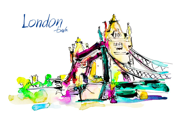 Watercolor sketch painting of The Tower Bridge in London town wi - Vetor, Imagem
