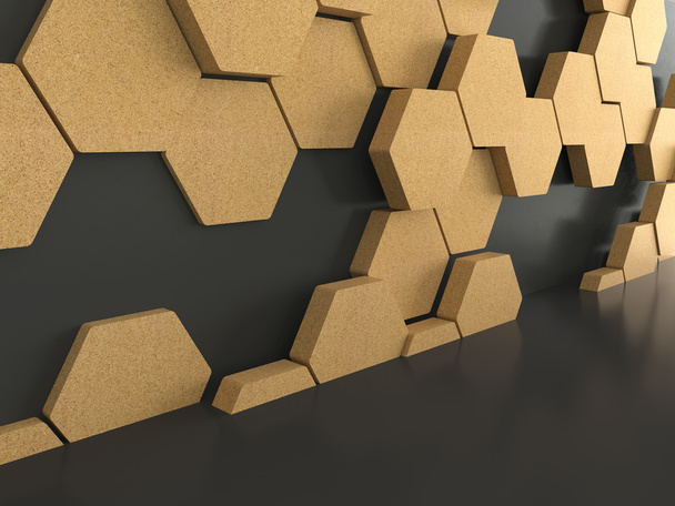 Piso con patrón de hexágonos de madera sobre fondo de pared oscura, representación 3D
 - Foto, imagen