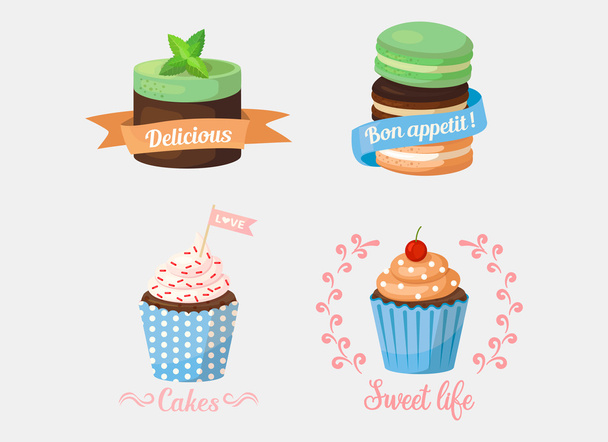 Dessertkuchen und süße Cupcakes, Gebäck mit Minzblättern darüber und Bändern, die lecker und lecker Appetit sagen, Liebe. ideal für Süßwaren Logo oder Bäckerei Banner, Feier Emblem - Vektor, Bild