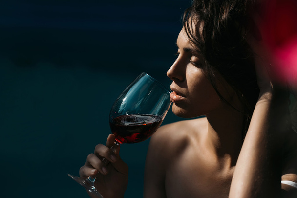 sexy pretty girl drinking red wine - Photo, Image