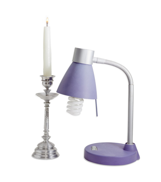 Light fixture with fluorescent lamp and burning candle in candle - Photo, Image