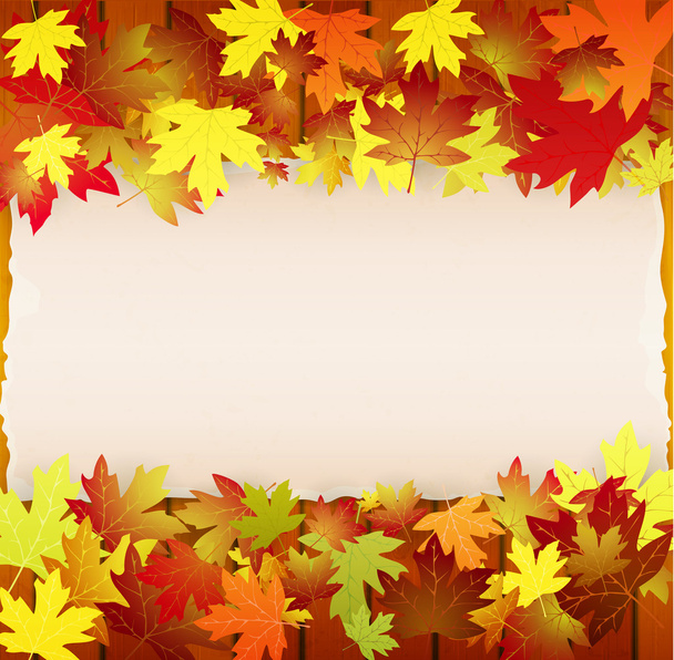Autumn background with leaves, wood boards and cardboard banner - ベクター画像
