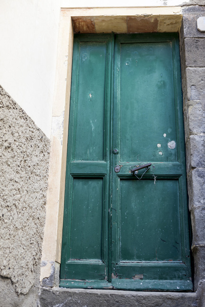 Green door with mailbox and bronze handles in the stone wall background. - Φωτογραφία, εικόνα