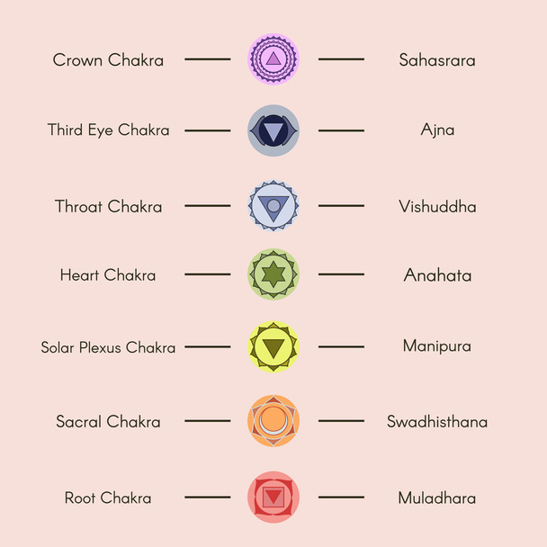 Lage der sieben wichtigsten Yoga-Chakren auf dem menschlichen Körper. - Vektor, Bild