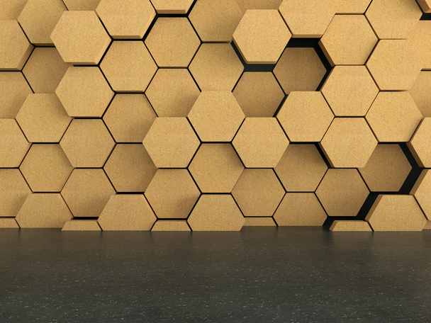 Piso con patrón de hexágonos de madera sobre fondo de pared oscura, representación 3D
 - Foto, imagen