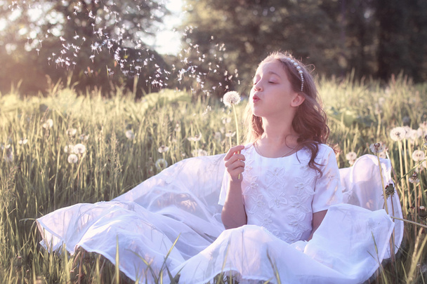 menina em branco vestido sopro dundelion
 - Foto, Imagem