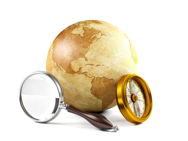 Globus z lupy i kompas, świat odkrywania koncepcja - Zdjęcie, obraz