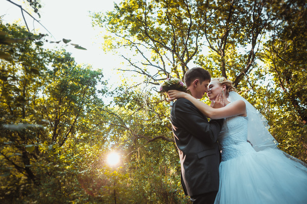 bride and groom on the forest background - Fotó, kép
