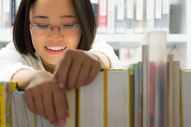 Asian Girl Reading Searching Books Library White Modern Cute Gla - Фото, изображение