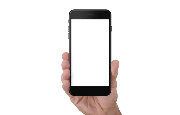 Hand show black phone with isolated white screen for mockup. - Photo, Image