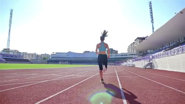 Cámara de seguimiento de una atleta corredor de pista chica corriendo en un estadio, cámara lenta
 - Metraje, vídeo