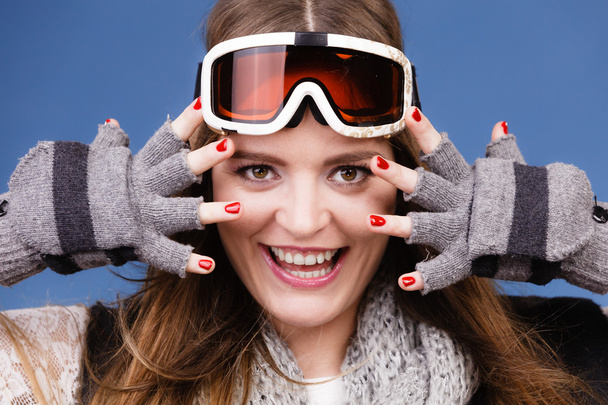 skier girl wearing warm clothes ski googles portrait.  - 写真・画像