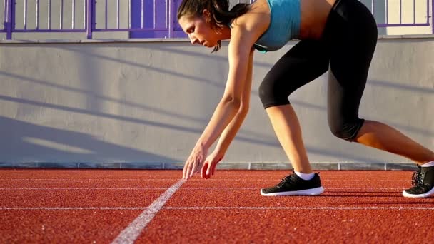 Śledzić runner kobieta wprowadzenie jej ręce na linii startu, zwolnionym tempie - Materiał filmowy, wideo