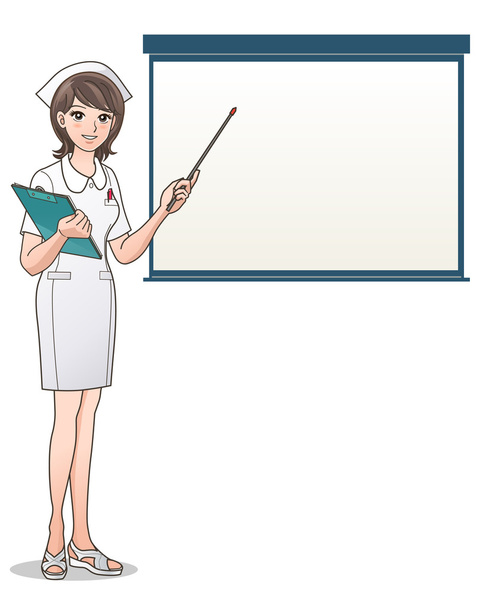 Улыбающаяся медсестра, презентация, укажите на чистый экран, держащий планшет
 - Вектор,изображение