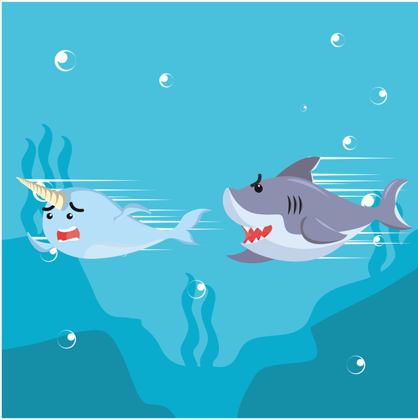 narwhal chased by shark - Вектор, зображення