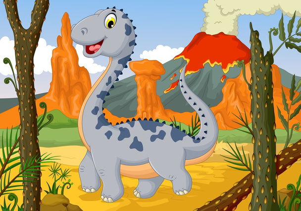 funny cute dinosaur cartoon in the jungle with landscape background - Photo, Image