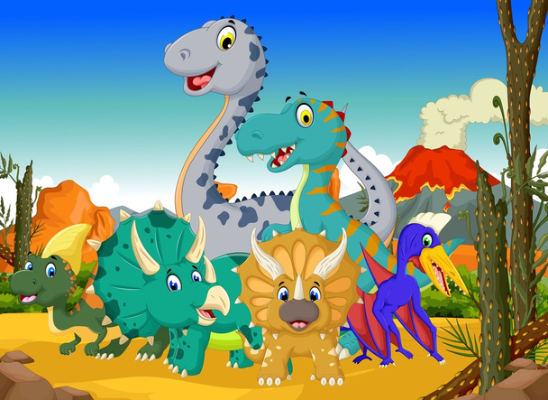 divertente cartone animato dinosauro nella giungla con sfondo paesaggio
 - Foto, immagini