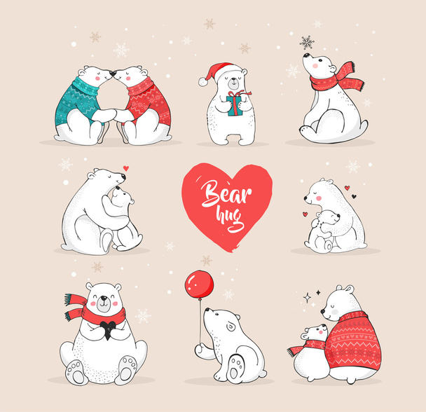 Elle çizilmiş kutup ayısı, sevimli ayı kümesi, anne ve bebek ayı ayılar birkaç. Ayılar ile neşeli Noel selamlar - Vektör, Görsel