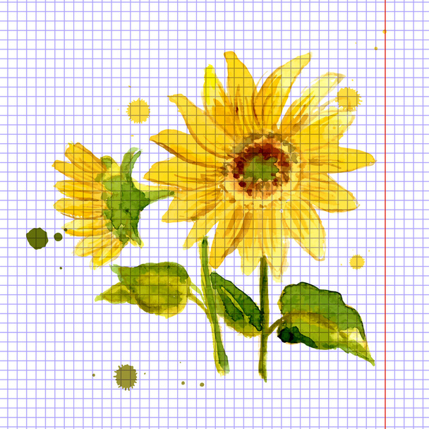 The composition of yellow sunflower painted in watercolor - Διάνυσμα, εικόνα