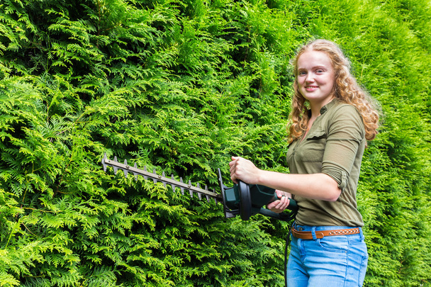 Młoda kobieta holenderski holding nożyc do żywopłotu o drzewa iglaste - Zdjęcie, obraz