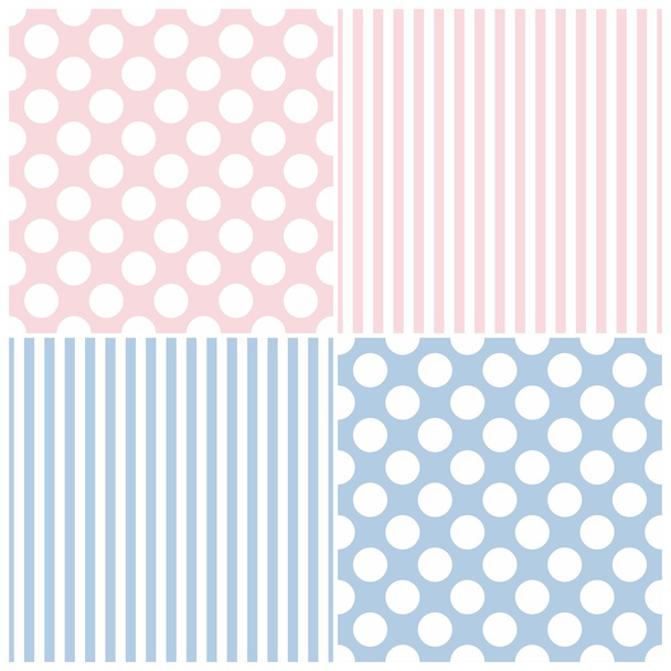 Kachelvektormuster mit weißen Tupfen und Streifen auf rosa und blauem Hintergrund - Vektor, Bild