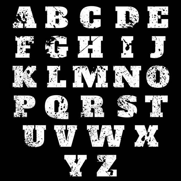 Alphabet with grunge spots on black background - Vector, Image