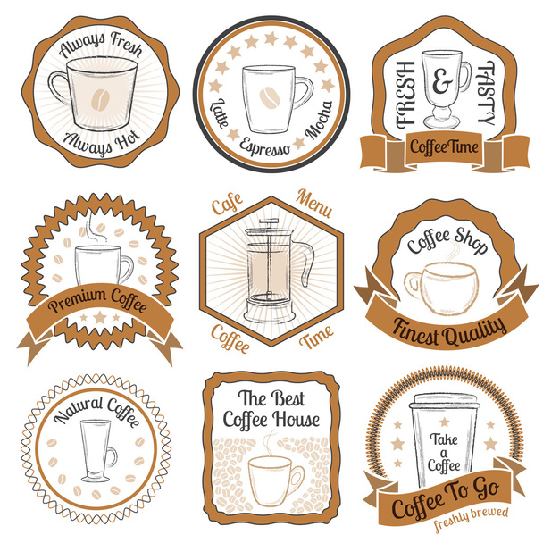 Set of beige coffee badges with cups on white background - Vector, Image