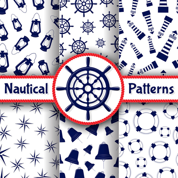 Azul símbolos náuticos patrones sin costura sobre fondo blanco
 - Vector, imagen