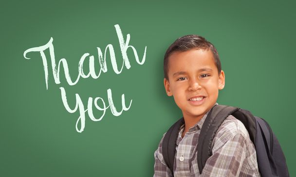 Hispanic Boy in Front of Chalk Board with Thank You Written On I - Photo, Image