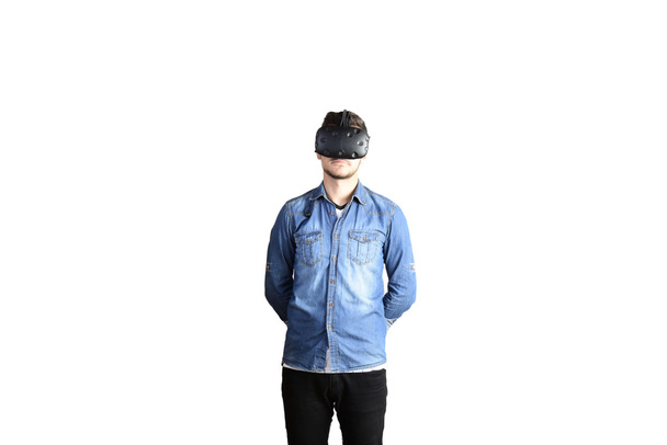 young man wear VR virtual reality headset. Istanbul, Turkey, November 15, 2016. - Zdjęcie, obraz