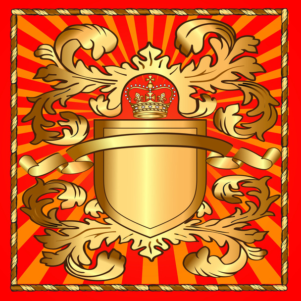 Иллюстрационный щит с короной и золотым рисунком в лучах
 - Вектор,изображение