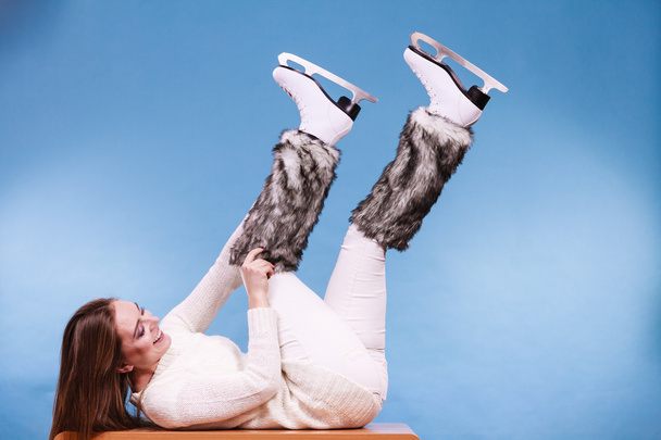 Woman wearing ice skates fur socks, skating  - Fotografie, Obrázek