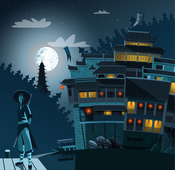 Kung fu harcos és ősi kínai falu éjjel a háttérben - Vektor, kép