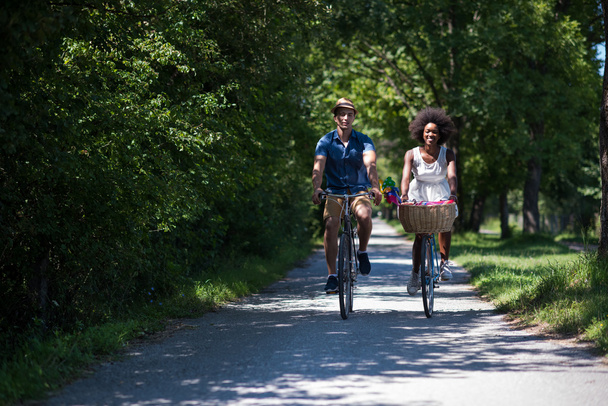 Young multiethnic couple having a bike ride in nature - Fotoğraf, Görsel