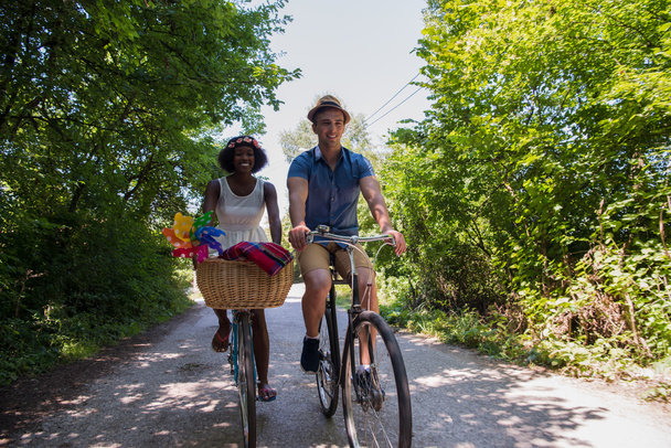 Young multiethnic couple having a bike ride in nature - Φωτογραφία, εικόνα