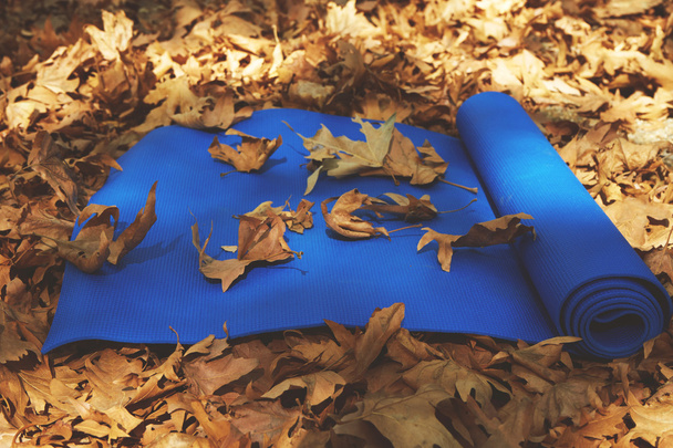 Close-up vista de azul tapete de ioga aberto para o exercício
 - Foto, Imagem