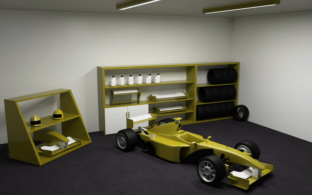 Coche de carreras en garaje. Renderizado 3D
. - Foto, Imagen