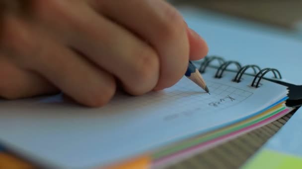 Close up van handen schrijven op een notitieblok. - Video