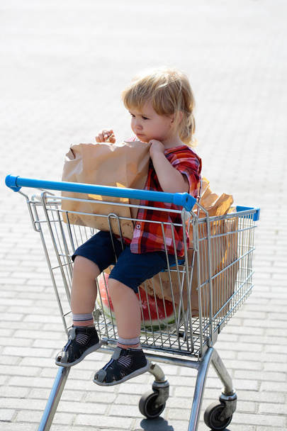 Cute boy in shopping trolley - Фото, изображение