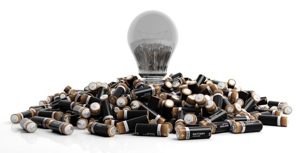 baterías de renderizado 3d y una luz de bombilla sobre fondo blanco
 - Foto, Imagen