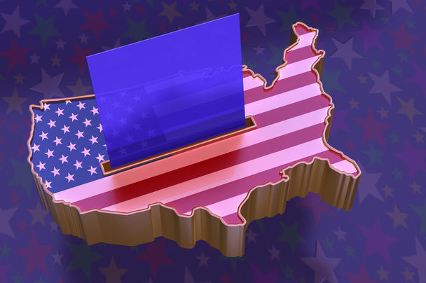 3D απεικόνιση: Χάρτης των ΗΠΑ με ψηφοδέλτιο επάλληλα, μπλε σημαία - Φωτογραφία, εικόνα