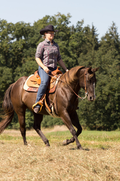 Açık ride - genç kadın kahverengi çeyrek at üzerinde - Fotoğraf, Görsel