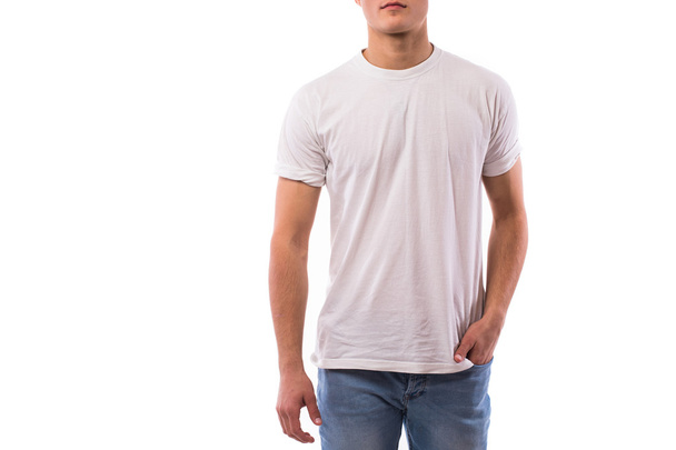 Body of young man on white shirt - Foto, Imagen
