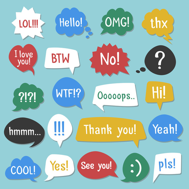 Stickers of speech bubbles color set with shadow. Acronyms and abbreviations. Vector Illustration - Vektor, obrázek